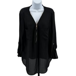 Zac & Rachel Dress Top WMNS XL Black Chiffon Roll Tab Sleeve Zip Up V-Neck